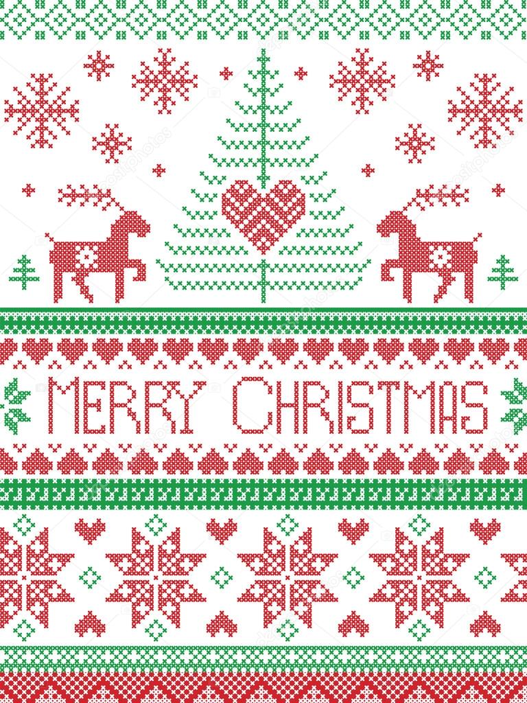 Scandinavian style and Nordic culture inspired Christmas and festive winter seamless pattern in cross stitch style with Xmas trees, snowflakes, stars, reindeer, hearts,  ornaments in red, green, white
