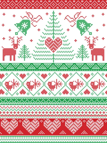 Skandinavisk stil och nordisk kultur inspirerat jul, festlig vinter sömlösa mönster i cross stitch stil med klockor, träd, snöflingor, fåglar, stjärnor, renar, hjärtan, ornament i grön, röd — Stock vektor