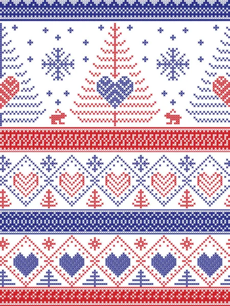 Estilo escandinavo inspirado en Navidad y festivo patrón sin costuras de invierno en estilo de punto de cruz con árboles de Navidad, copos de nieve, conejos, estrellas, corazones, adornos decorativos en rojo, blanco, azul — Archivo Imágenes Vectoriales