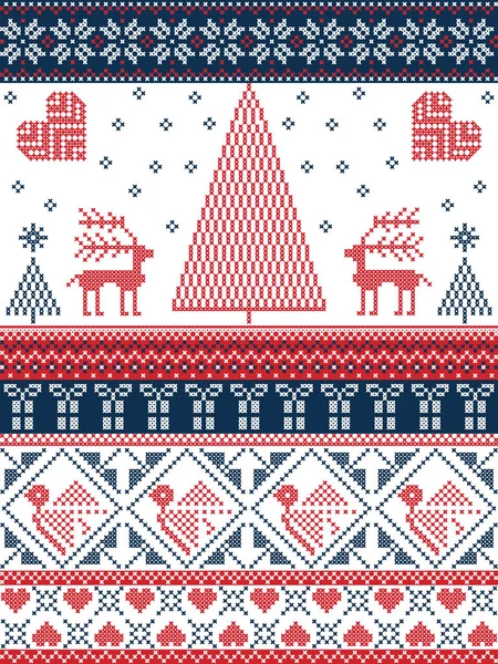 Skandinavischen bedruckten Textilstil und inspiriert von norwegischen Weihnachten und festlichen Winter nahtlose Muster in Kreuzstich mit Weihnachtsbäumen, Schneeflocken, Rentieren, Sternen, Herzen in rot, dunkelblau — Stockvektor