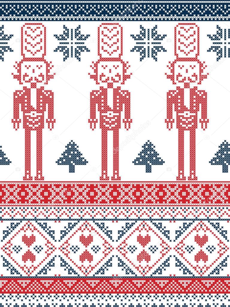 Scandinavian Printed Textile  style and inspired by Norwegian Christmas and festive winter seamless pattern in cross stitch with Xmas trees, snowflakes, Nutcracker Soldier hearts in red and blue 