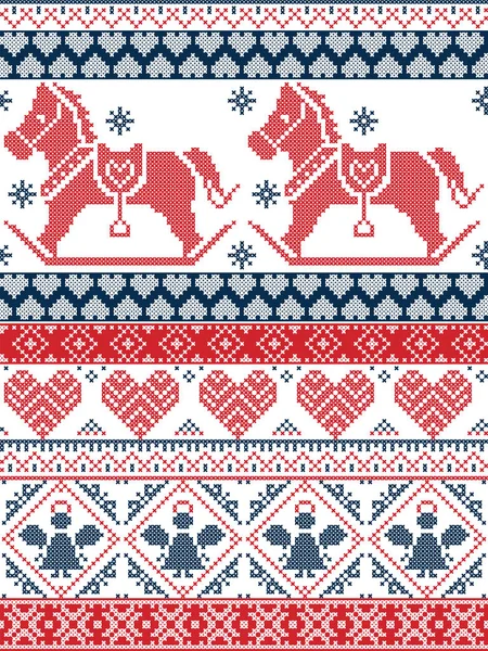 Style textile imprimé scandinave sans couture et inspiré par Noël norvégien et motif hivernal sans couture en point de croix avec flocons de neige, cheval à bascule, cœur d'ange, ornements en rouge, bleu — Image vectorielle