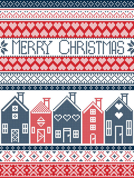 Scandinavian style and Nordic culture inspired Merry Christmas seamless Christmas card with  winter pattern including Swedish houses, decorative ornaments, snow, snowflakes  in cross stitch in dark blue, red 