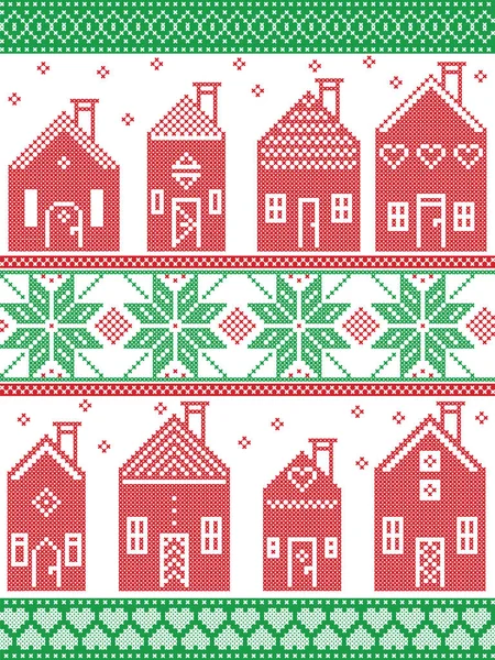 Scandinavische stijl en Noordse cultuur geïnspireerd kerst naadloze winter patroon met inbegrip van Zweedse stijl huizen, decoratieve ornamenten, sneeuw, sneeuwvlokken in cross stitch stijl in rood, wit, groen — Stockvector