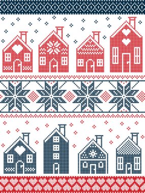 Sorunsuz İskandinav tarzı ve İskandinav kültürü gingerbread house Köyü dekoratif öğeler dahil olmak üzere kırmızı, beyaz, mavi ile Noel ve şenlikli kış desende dikiş tarzı çapraz ilham