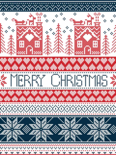 Счастливого Рождества, вдохновленного Рождеством Христовым, праздничного зимнего безшипного узора в крестовом сшиве с хлебным домиком, елкой, сердцем, северным оленем, подарками в синем, красном — стоковый вектор