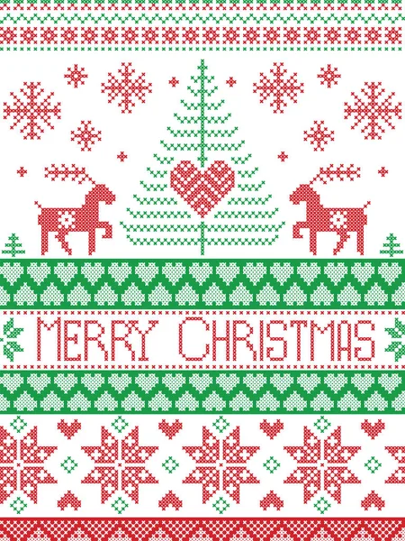 Merry Christmas Tall Scandinavian Printed Textile style and inspired by Norwegian Christmas and festive winter seamless pattern in cross stitch with reindeer, Xmas tree,, heart in red, green, white — стоковый вектор