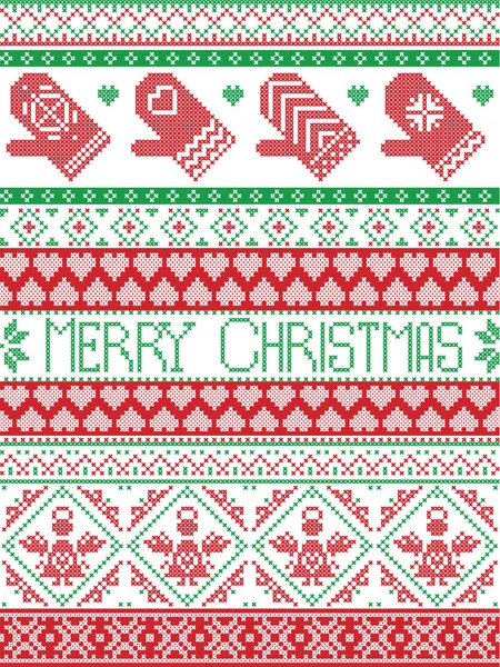 Merry Christmas Tall Scandinavian Printed style and inspired by Norwegian Christmas and festive winter seamless pattern in cross stitch with mittens ,heart, angel,  ornaments in red, green — Stock Vector