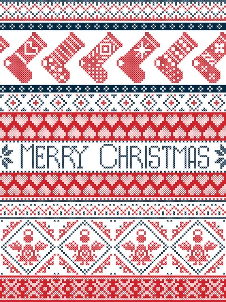 Frohe Weihnachten im nordischen Stil festliches Wintermuster in Kreuzstich mit Strümpfen, Herz, Engel, dekorativen Ornamenten, Schneeflocke in rot, weiß und blau — Stockvektor