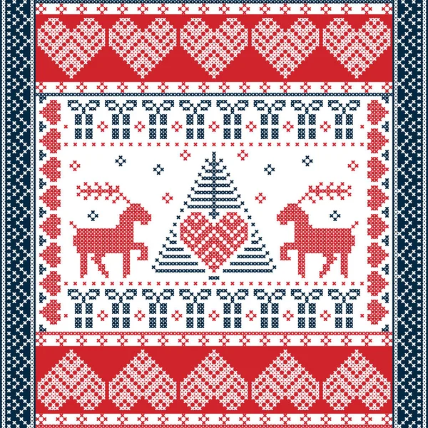 Stile scandinavo e cultura nordica ispirato Natale e festivo inverno modello quadrato in stile punto croce con albero di Natale, renne, cuori, fiocchi di neve, stelle in rosso, blu — Vettoriale Stock