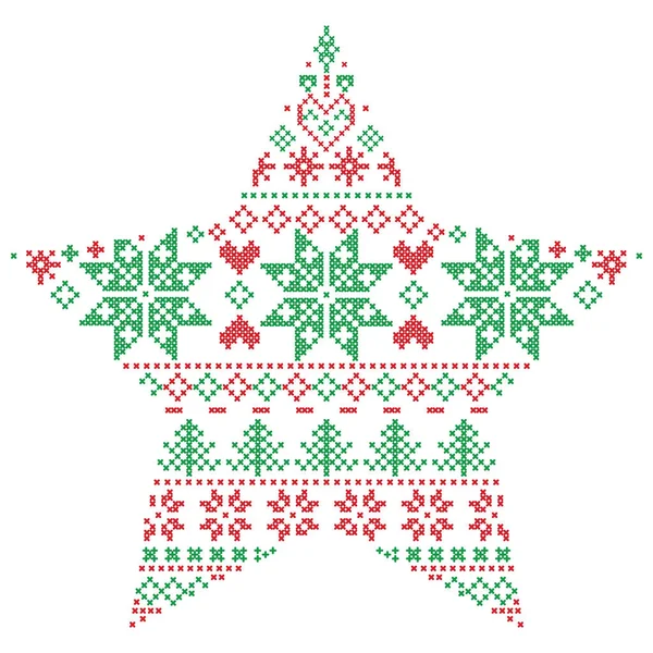 Puntada de invierno escandinava nórdica, patrón de Navidad de punto en forma de estrella, incluyendo copos de nieve, árbol de Navidad, nieve, estrella, elemento decorativo, adorno en rojo y verde, sobre fondo blanco — Vector de stock