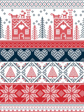 İskandinav, Norveç Noel ve şenlikli kış Dikişsiz desen dikiş gingerbread house, yılbaşı ağacı, kalp, Ren geyiği, atlı kızak ile çapraz esinlenerek, hediyeleri kırmızı, mavi