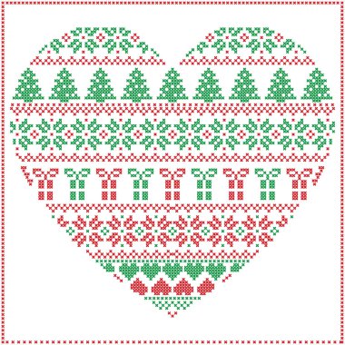 Kırmızı ve yeşil İskandinav Nordic kış stitch, kar taneleri, Noel ağaçları, Noel hediyeleri yıldız, dekoratif öğeler de dahil olmak üzere kalp şeklinde Noel desen örgü süsler 