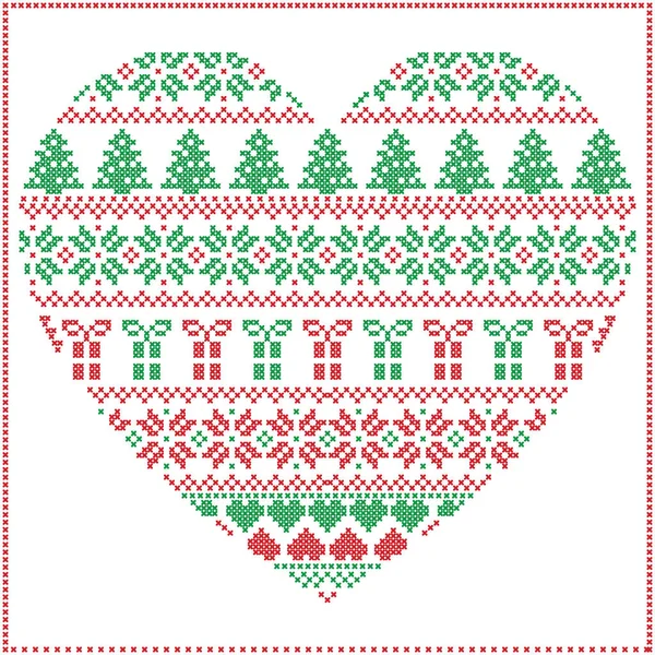 Stitch de inverno nórdico escandinavo, tricô padrão de Natal em forma de coração, incluindo flocos de neve, árvores de Natal, Natal apresenta estrelas, elementos decorativos, ornamentos em vermelho e verde — Vetor de Stock