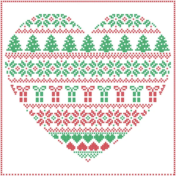 Kırmızı ve yeşil İskandinav Nordic kış stitch, kar taneleri, Noel ağaçları, Noel hediyeleri yıldız, dekoratif öğeler de dahil olmak üzere kalp şeklinde Noel desen örgü süsler 