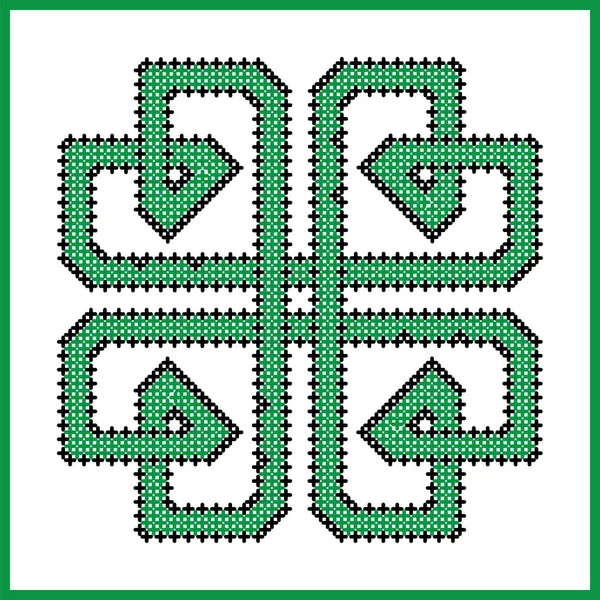 Nudo celta sin fin en forma de trébol cuadrado en patrón de punto de cruz negro y verde sobre fondo blanco y negro inspirado en el día de San Patricio irlandés y la antigua cultura escocesa — Vector de stock