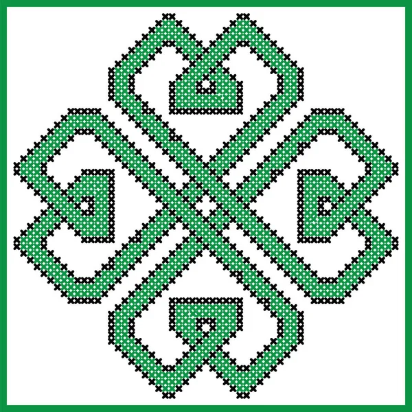 Nudo celta interminable en trébol con forma de elementos de corazones en patrón de punto de cruz negro y verde sobre fondo blanco y negro inspirado en el día de San Patricio irlandés y la antigua cultura escocesa — Vector de stock