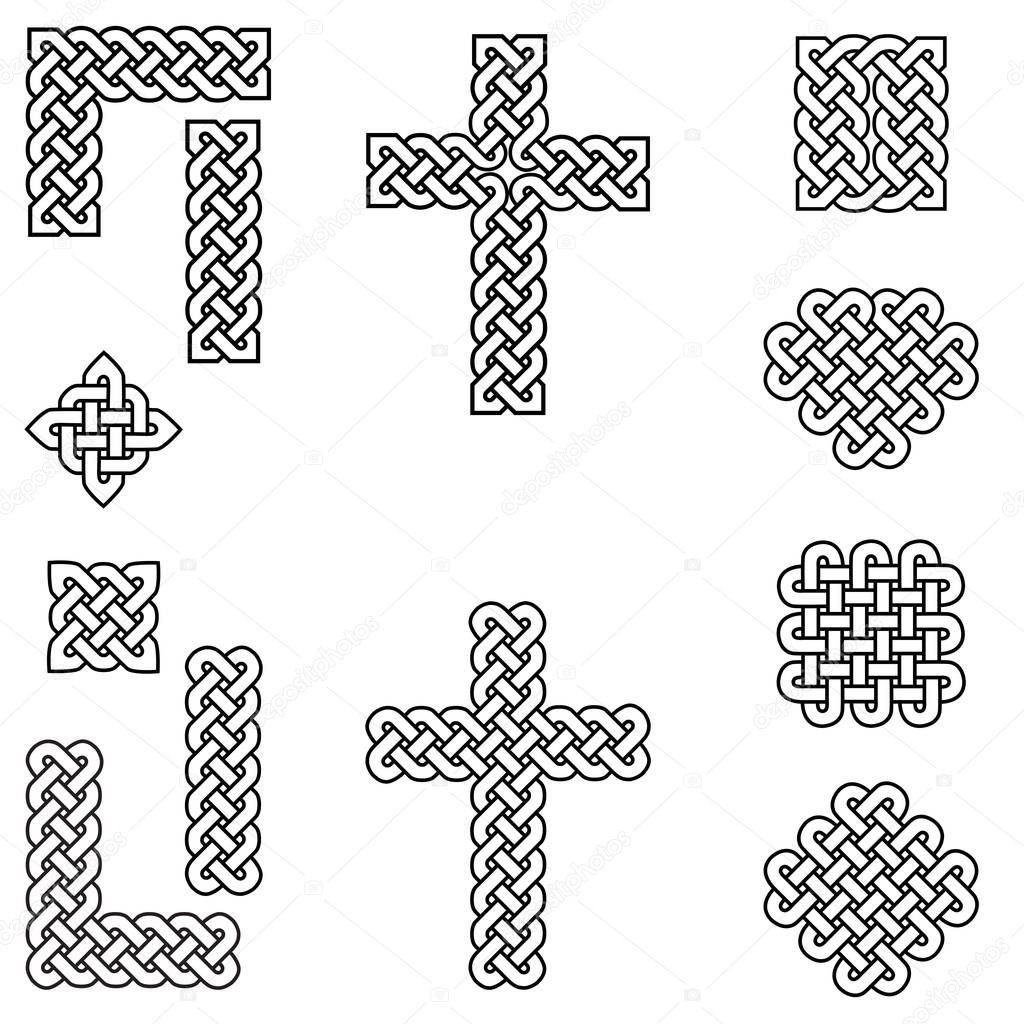 Celtic style endless knot symbols including border, line, heart, cross, curvy squares in  in white with black stroke inspired by Irish St Patrick's Day, and Irish and Scottish Culture