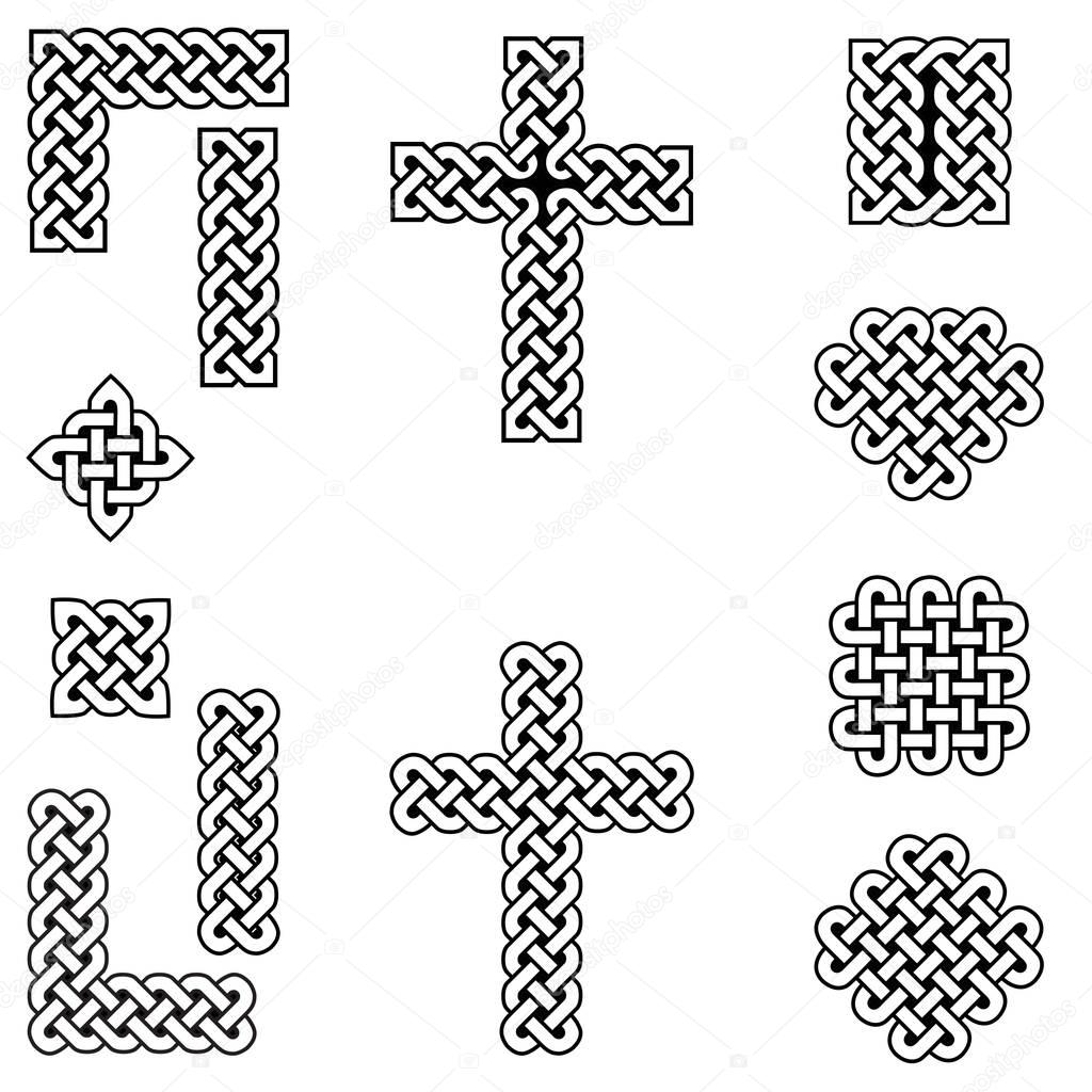 Celtic style endless knot symbols including border, line, heart, cross, curvy squares in white, with black filling between knots inspired by Irish St Patrick's Day, and Irish and Scottish Culture