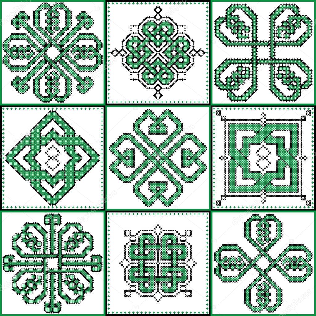 Celtic endless decorative knots selection in black and green cross stitch 9 patterns in the ceramic tile form  inspired by Irish St Patrick's day and ancient Scottish and Irish  culture  