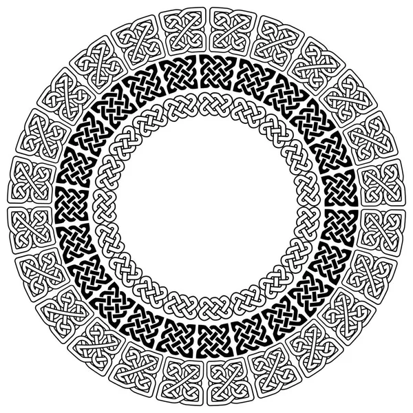 Mandala style Celtic style endless knot symbols in white on black background in 3 circles with vary shapes inspired by Irish St Patrick's Day, and Irish and Scottish carving art — Stock Vector