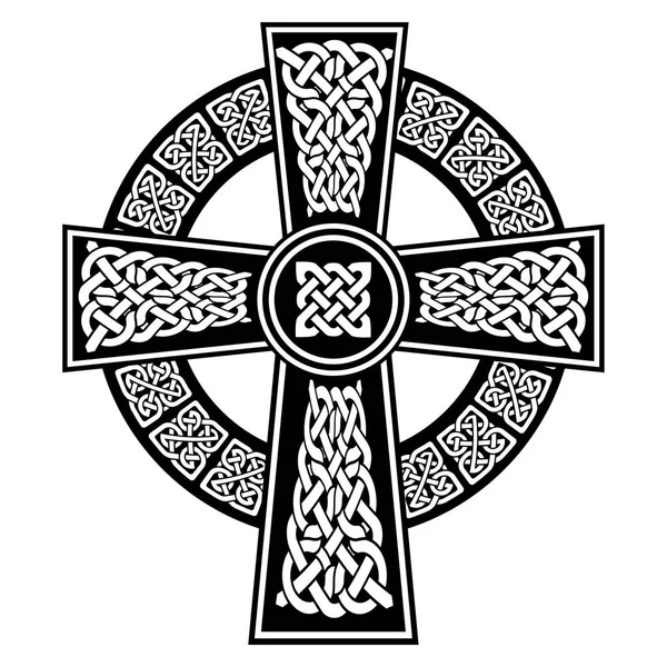 Keltisk stil Cross med Oändlig knop mönster i vitt och svart med stroke element och omgivande svart ring inspirerad av irländska St Patrick's Day, och irländsk och skotsk snida konsten — Stock vektor