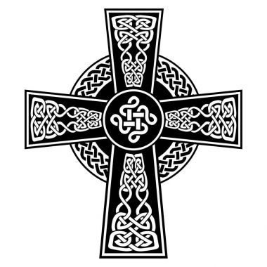 Celtic style Cross with  endless knots patterns in white and black with stroke elements and surrounding black ring with knot element  inspired by Irish St Patrick's Day, and Irish and Scottish carving art clipart