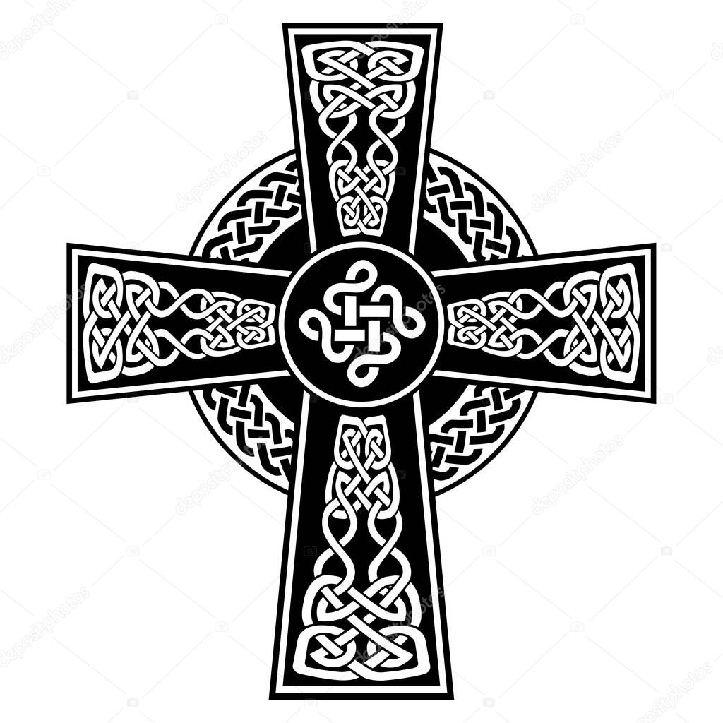 Celtic style Cross with  endless knots patterns in white and black with stroke elements and surrounding black ring with knot element  inspired by Irish St Patrick's Day, and Irish and Scottish carving art