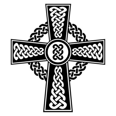 Celtic style Cross with eternity knots patterns in white and black with stroke elements and surrounding rounded knot element  inspired by Irish St Patrick's Day, and Irish and Scottish carving art clipart