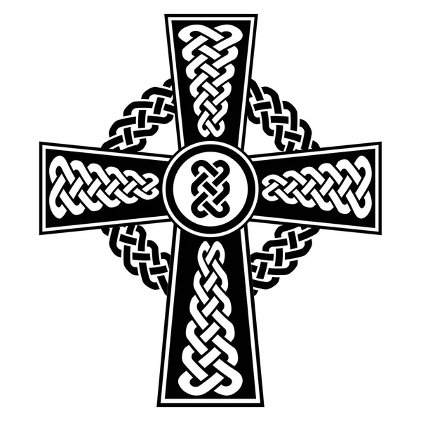 Cruz de estilo celta con patrones de nudos de eternidad en blanco y negro con elementos de trazo y elemento de nudo redondeado circundante inspirado en el Día de San Patricio irlandés, y el arte de talla irlandesa y escocesa — Archivo Imágenes Vectoriales