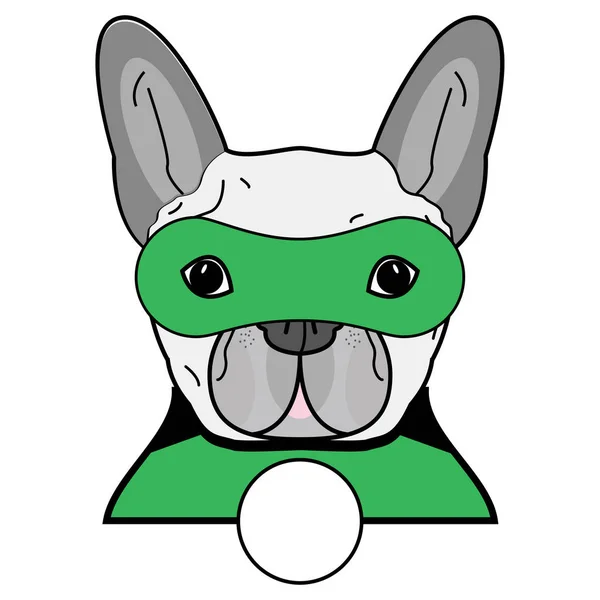 超级英雄符号作为法国斗牛犬字符在黑色、 灰色、 绿色与白色背景上的面具 — 图库矢量图片