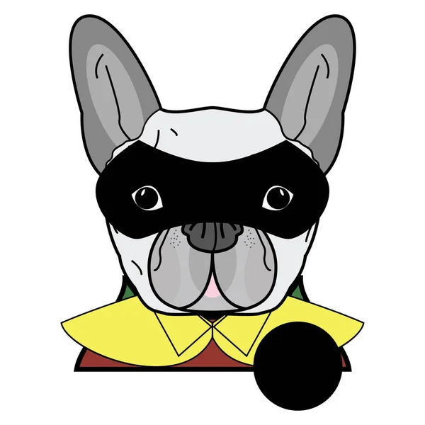 Superhjälte symbol som en fransk bulldog karaktär i rött, grönt och gult täckt med en cape och mask som täcker ansikte — Stock vektor