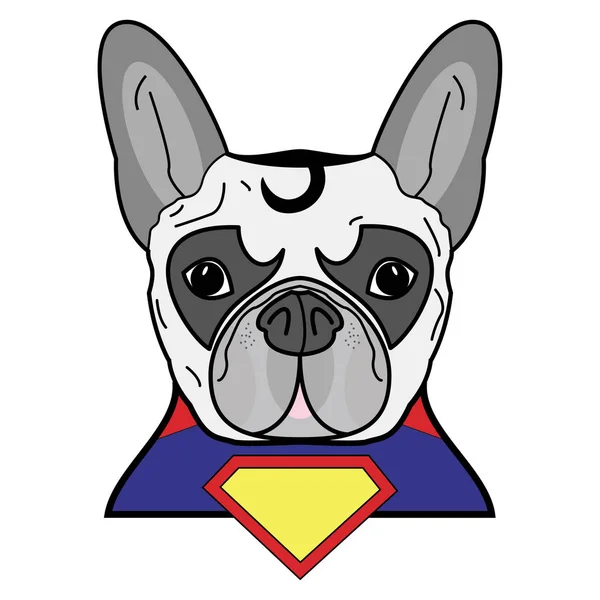 Superhero symbol  as  a French bulldog  character in red, yellow, blue with a cape and yellow diamond symbol — Stock Vector