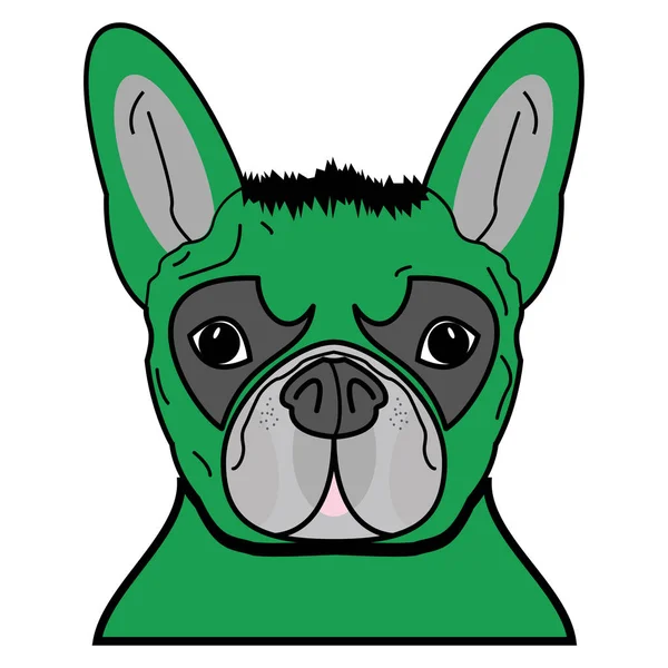 Superhjälte symbol som en fransk bulldog karaktär i grönt med trassligt hår — Stock vektor