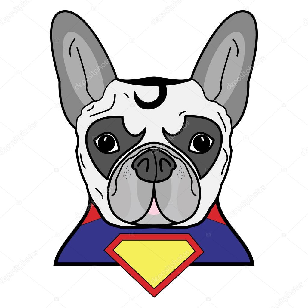 Superhero symbol  as  a French bulldog  character in red, yellow, blue with a cape and yellow diamond symbol 