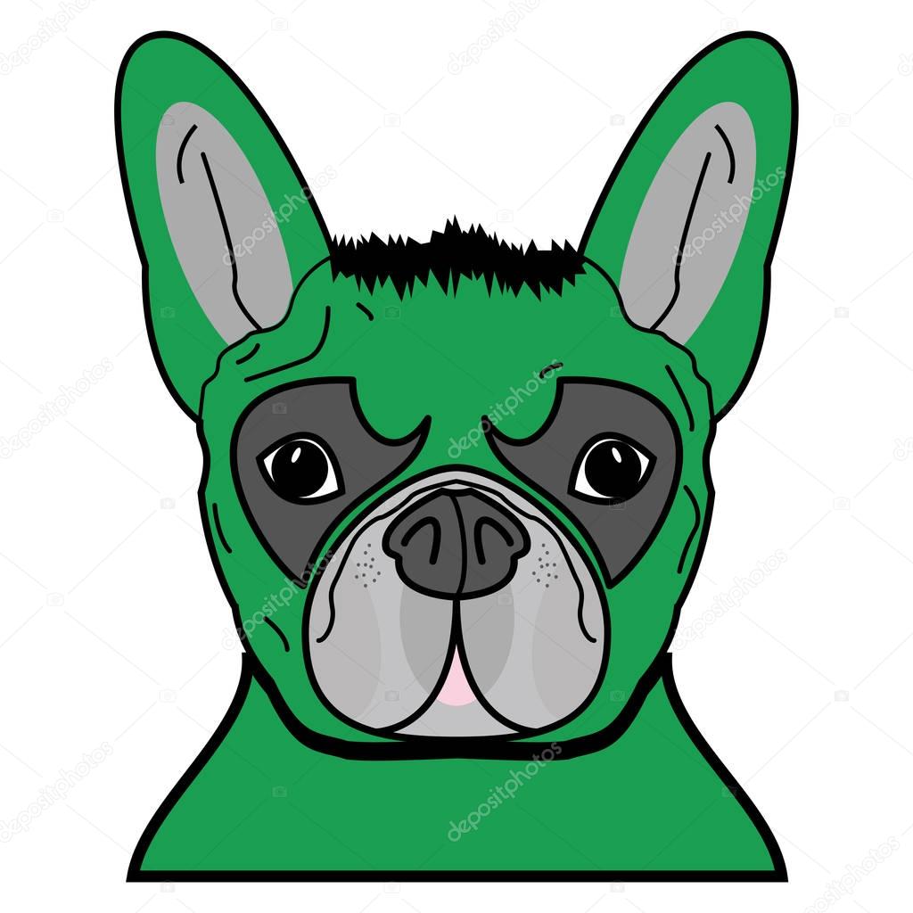 Superhero symbol  as  a French bulldog  character in green with tangled hair