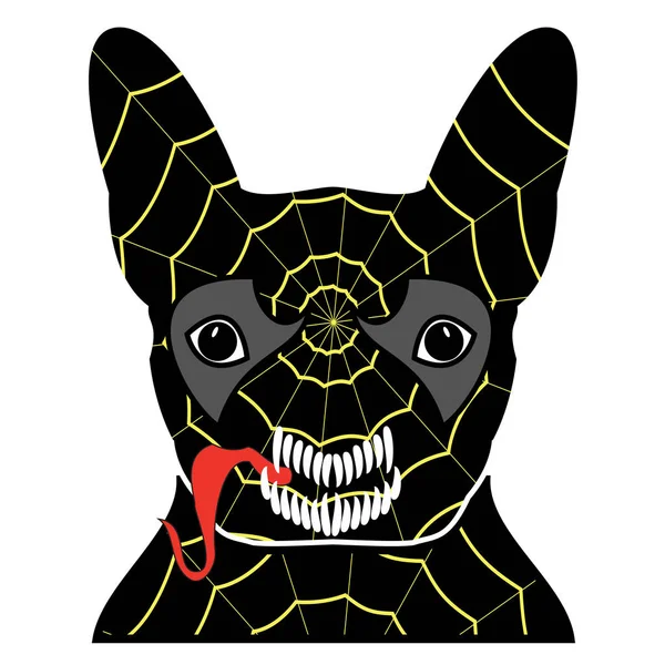 Símbolo de vilão no traje com uma teia de aranha, com dentes e língua saliente, em preto, amarelo, vermelho e cinza como personagem buldogue francês — Vetor de Stock