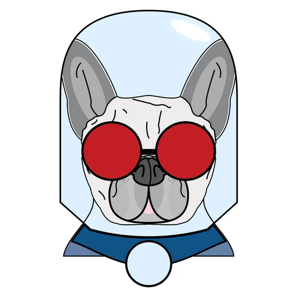 Symbol padouch, skleněné koule, červené brýle a mys v červené, šedé a modré jako Francouzský buldoček charakter — Stockový vektor