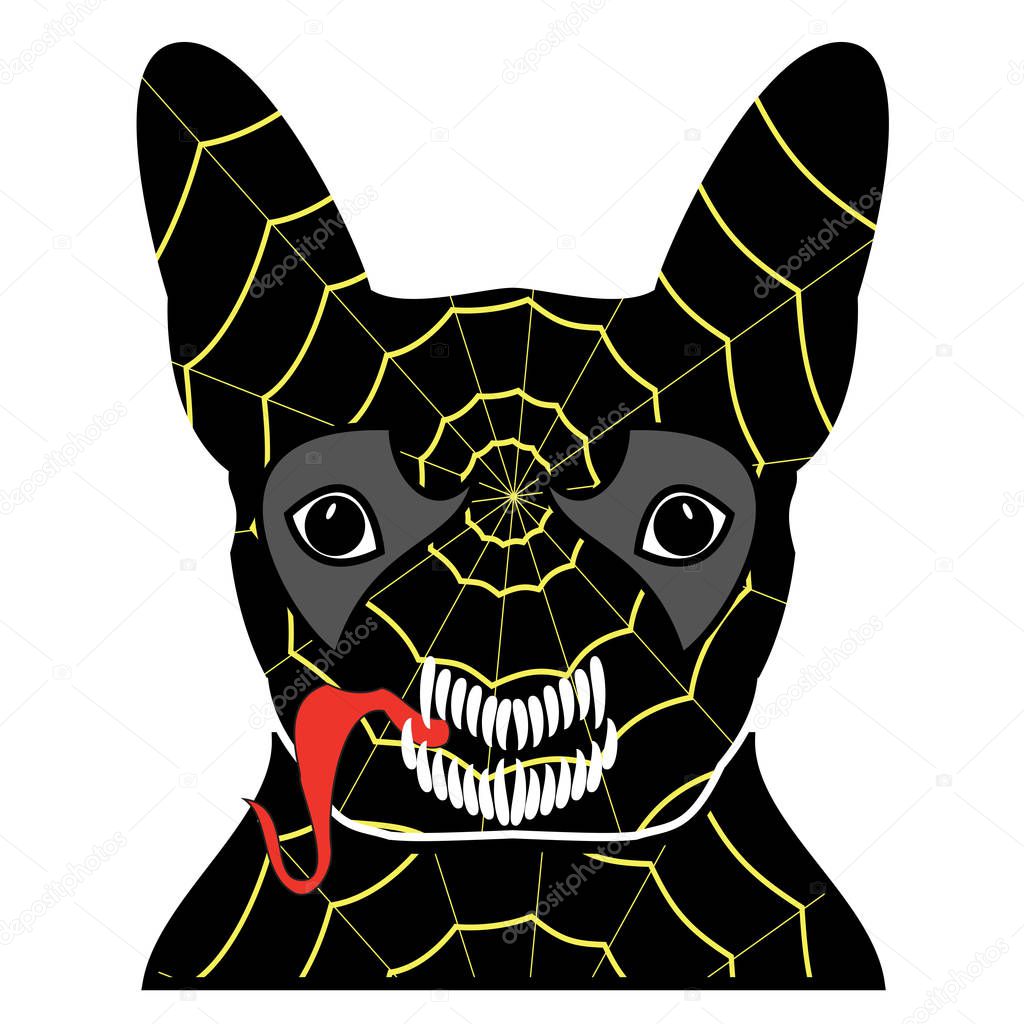Villain symbol in costume with a spider web, with teeth and sticking out tongue, in black, yellow, red,  and gray as French bulldog character 