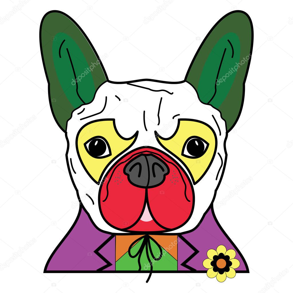 Comic Villain symbol in  colorful joker costume with as a French bulldog character 
