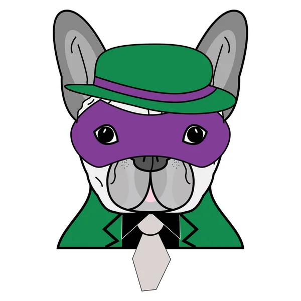 Comic Villain symbol in green suite with gray tie, purple mask and green and purple hat  as a French bulldog character — Stock Vector