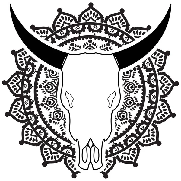 Vahşi hayvan kafatası siyah beyaz girdap öğeleri el ile ilham ile sanat ve Kızılderili insanların dövmeler ve sanat mandala stili arka plan üzerinde çizilmiş — Stok Vektör