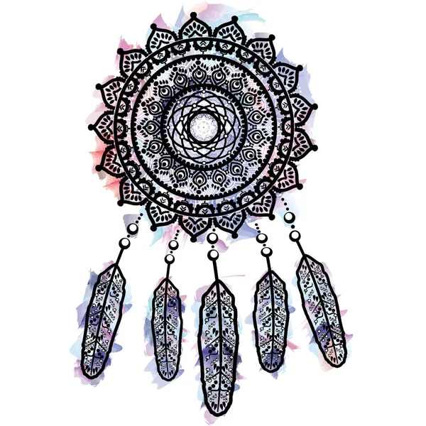 梦想捕手水彩与曼陀罗花边纹身风格装饰着羽毛、 珠子和饰物象征着本土美国人和他们的文化背景中的图形 — 图库矢量图片