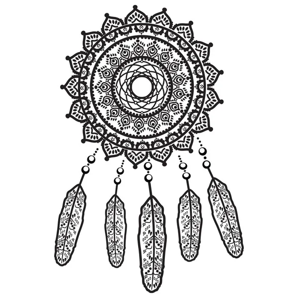 Dream catcher afbeelding met mandala lace tattoo stijl ingericht met veer, kralen en sieraden symboliseert Indiaanse bevolking en hun cultuur — Stockvector