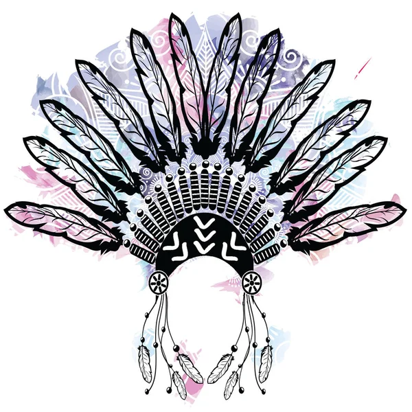 Coiffe de style aztèque faite de plumes symbolisant la culture autochtone américaine sur fond d'aquarelles colorées avec mandala style de tatouage en dentelle décoré avec des ornements tribaux — Image vectorielle