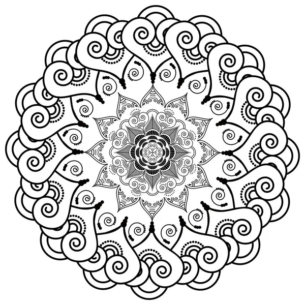 Цветок мандалы в стиле Розетт, вдохновленный азиатской культурой и элементами татуировки хна менди на черно-белом фоне — стоковый вектор
