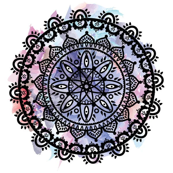 Mandala in the shape of the native culture inspired dreamcatcher made out of swirly elements in black and white symbolizing happiness, love and spiritual life on watercolor background — Stock Vector