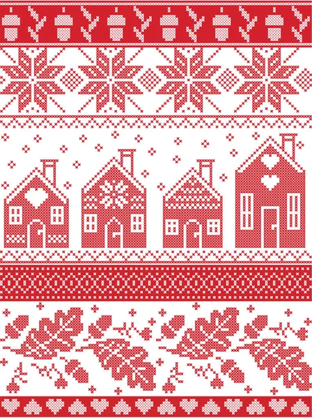 Scandinavian and Norwegian Christmas folk inspired festive autumn and winter  seamless pattern in cross stitch with acorn, oak leaf, gingerbread house, snow snowflakes and ornaments in red and white — Stock Vector