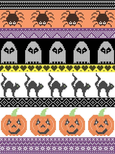 Stitch cruzado escandinavo e tradicional feriado americano inspirado padrão de Halloween sem costura com gato, aranha, fantasma, coração, abóbora e ornamentos decorativos em roxo, laranja, preto, amarelo — Vetor de Stock
