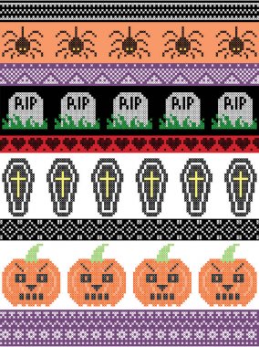 İskandinav Çapraz dikiş ve geleneksel Amerikan tatil ilham örümcek, RIP mezar, tabut, kabak ve mor dekoratif süs eşyaları ile seamless Cadılar Bayramı modeli, turuncu, siyah, sarı